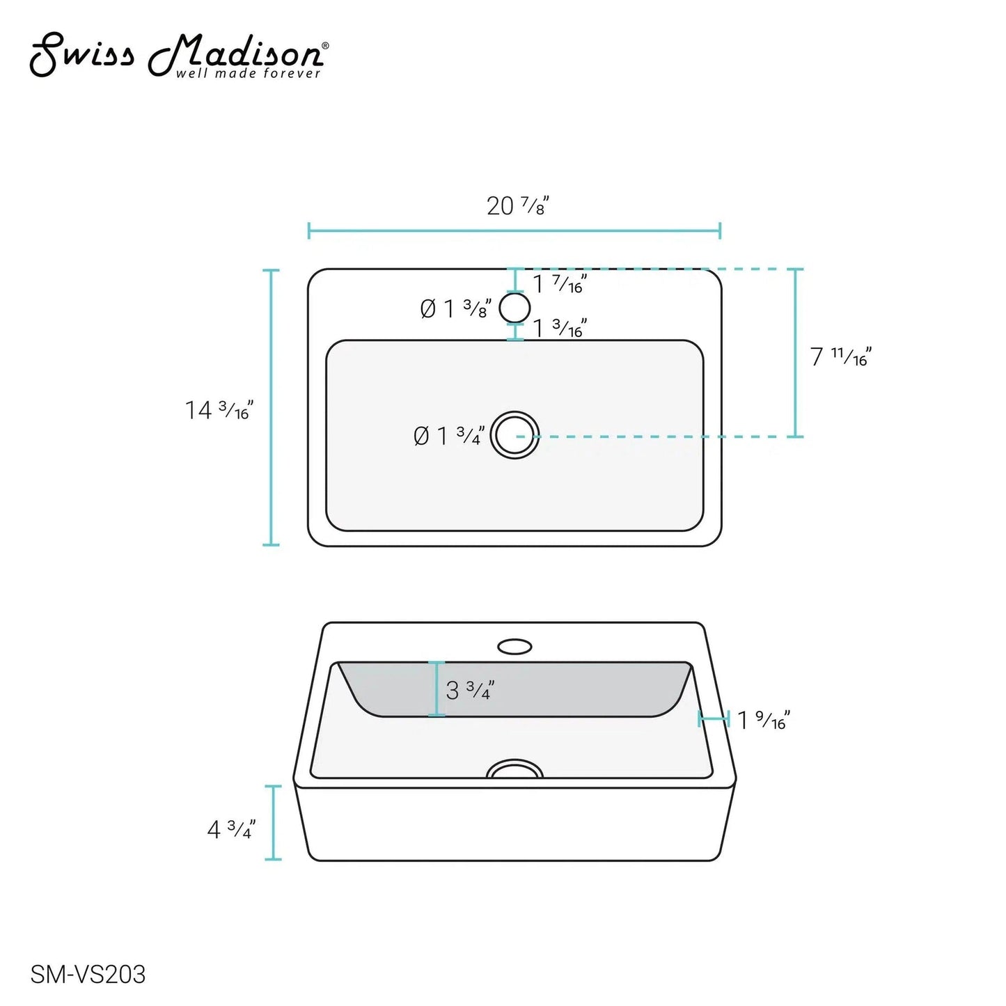 Swiss Madison Claire 21" x 14" White Rectangle Ceramic Vessel Bathroom Sink