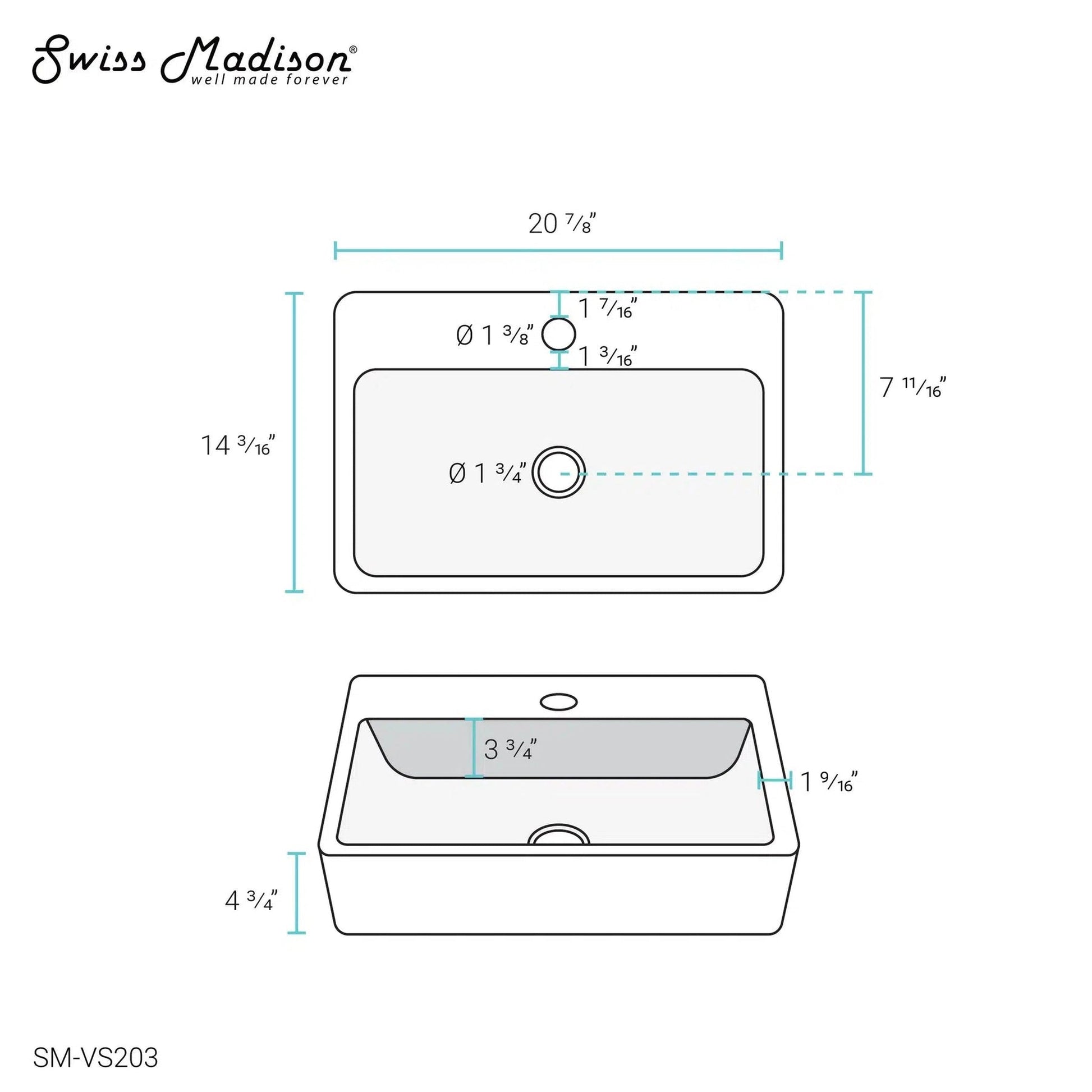 Swiss Madison Claire 21" x 14" White Rectangle Ceramic Vessel Bathroom Sink