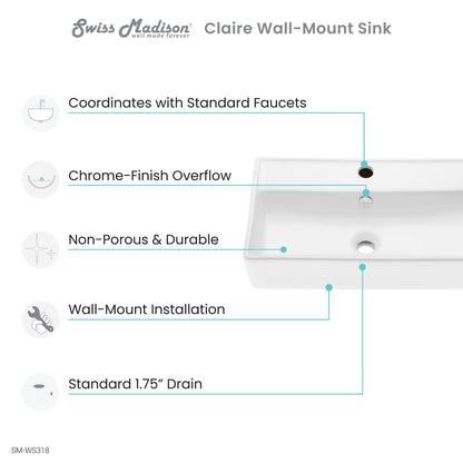 Swiss Madison Claire 22" x 12" Rectangular White Ceramic Wall-Hung Bathroom Sink With Single Hole Faucet