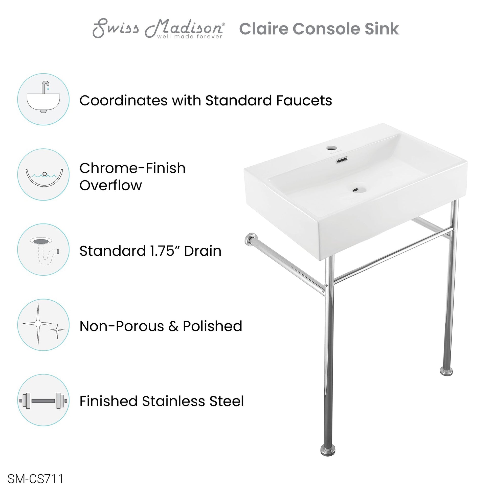 Swiss Madison Claire 24" x 35" Wall-Mounted Console Sink With White Basin and Chrome Legs