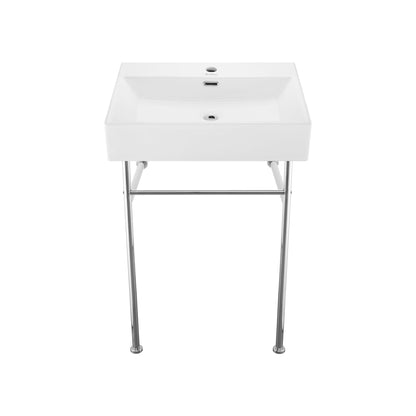 Swiss Madison Claire 24" x 35" White Ceramic Rectangular Basin Console Sink With Stainless Steel Legs, Faucet, Pop-Up Drain and Bottle Trap Drain