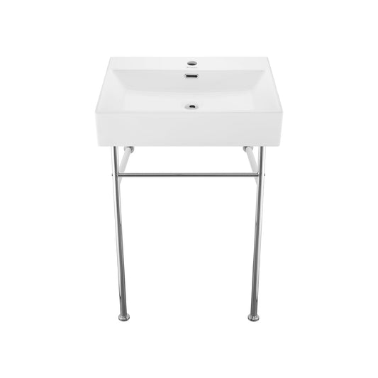 Swiss Madison Claire 24" x 35" White Ceramic Rectangular Basin Console Sink With Stainless Steel Legs, Faucet, Pop-Up Drain and Bottle Trap Drain