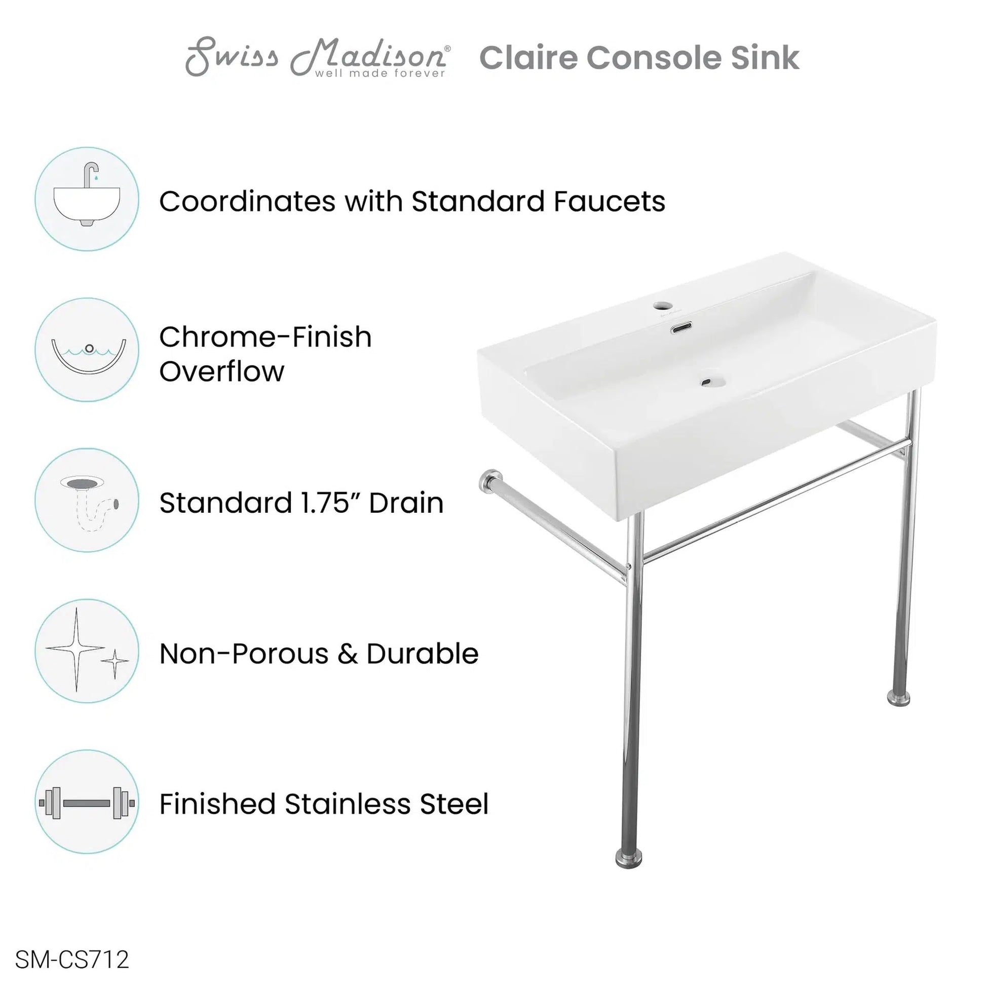 Swiss Madison Claire 30" x 35" Wall-Mounted Console Sink With White Basin and Chrome Legs