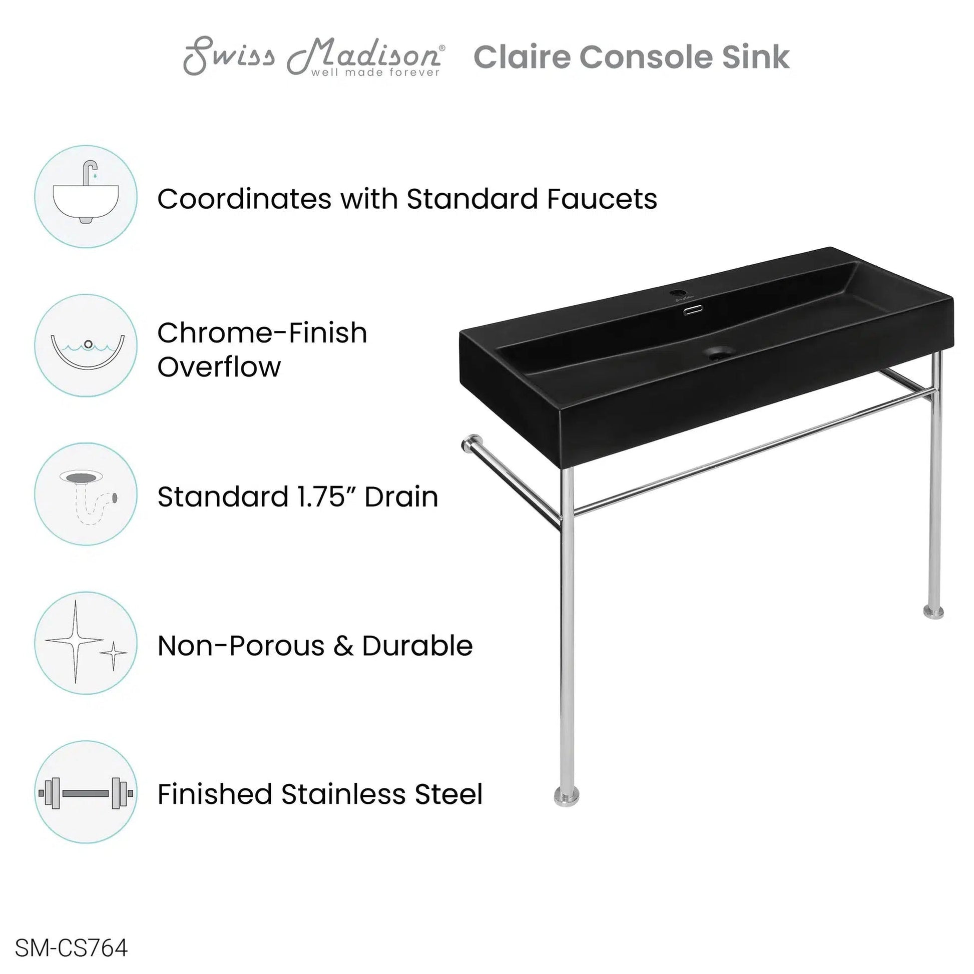 Swiss Madison Claire 40" x 35" Wall-Mounted Console Sink With Matte Black Basin and Chrome Legs