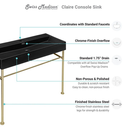 Swiss Madison Claire 40" x 35" Wall-Mounted Console Sink With Matte Black Basin and Gold Legs