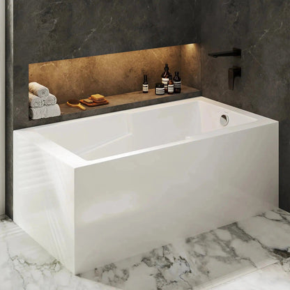 Swiss Madison Claire 60" x 32" White Right-Hand Drain Alcove Bathtub With Integrated Armrest, Built-In Flange, Corner Apron Front and Adjustable Feet