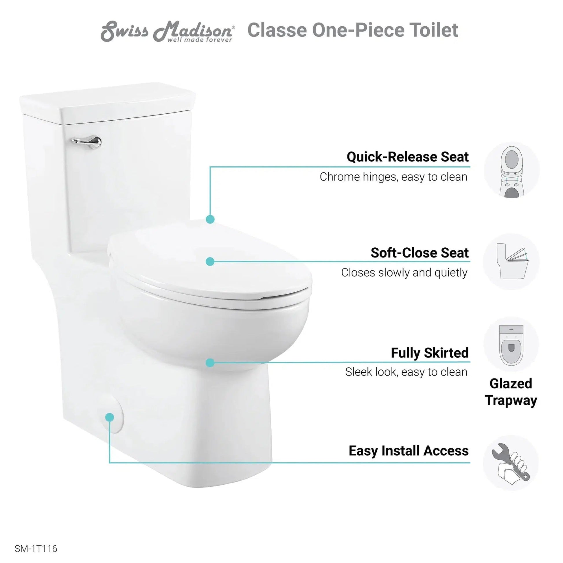 Swiss Madison Classé 15" x 30" One-Piece Glossy White Floor-Mounted Toilet With 1.28 GPF