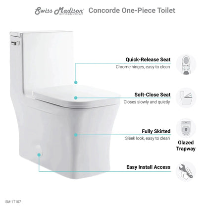 Swiss Madison Concorde 14" x 29" Glossy White One-Piece Elongated Square Floor Mounted Toilet With 1.28 GPF Side Flush Function