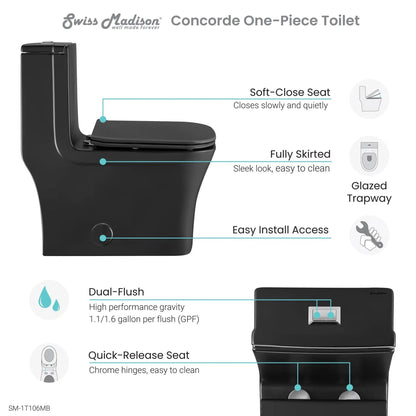 Swiss Madison Concorde 14" x 29" Matte Black One-Piece Elongated Square Floor Mounted Toilet With 1.1/1.6 GPF Dual-Flush Function