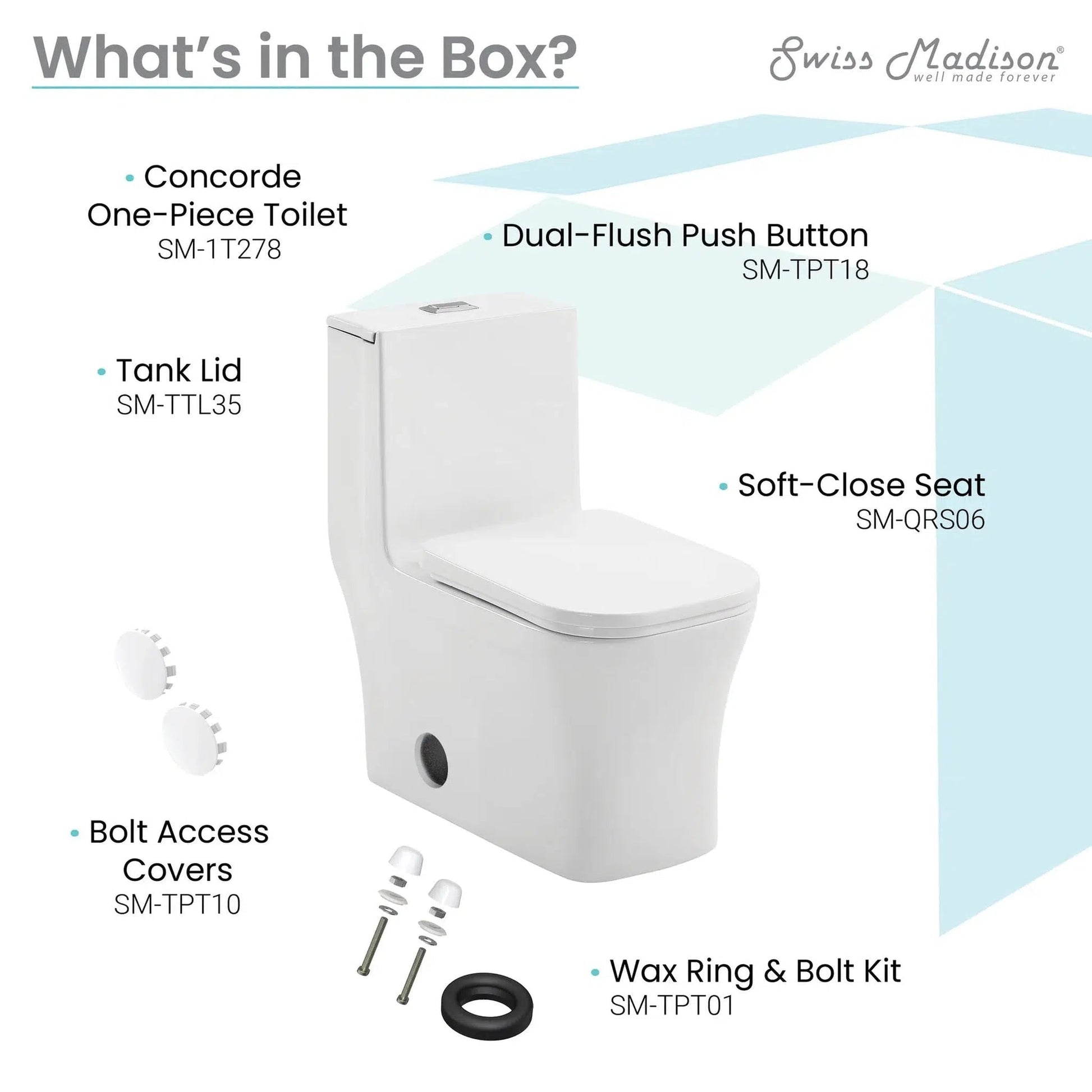 Swiss Madison Concorde 14" x 29" White One-Piece Square Elongated Floor Mounted Toilet With 10" Rough-In Size and 1.1/1.6 GPF Dual Flush Function