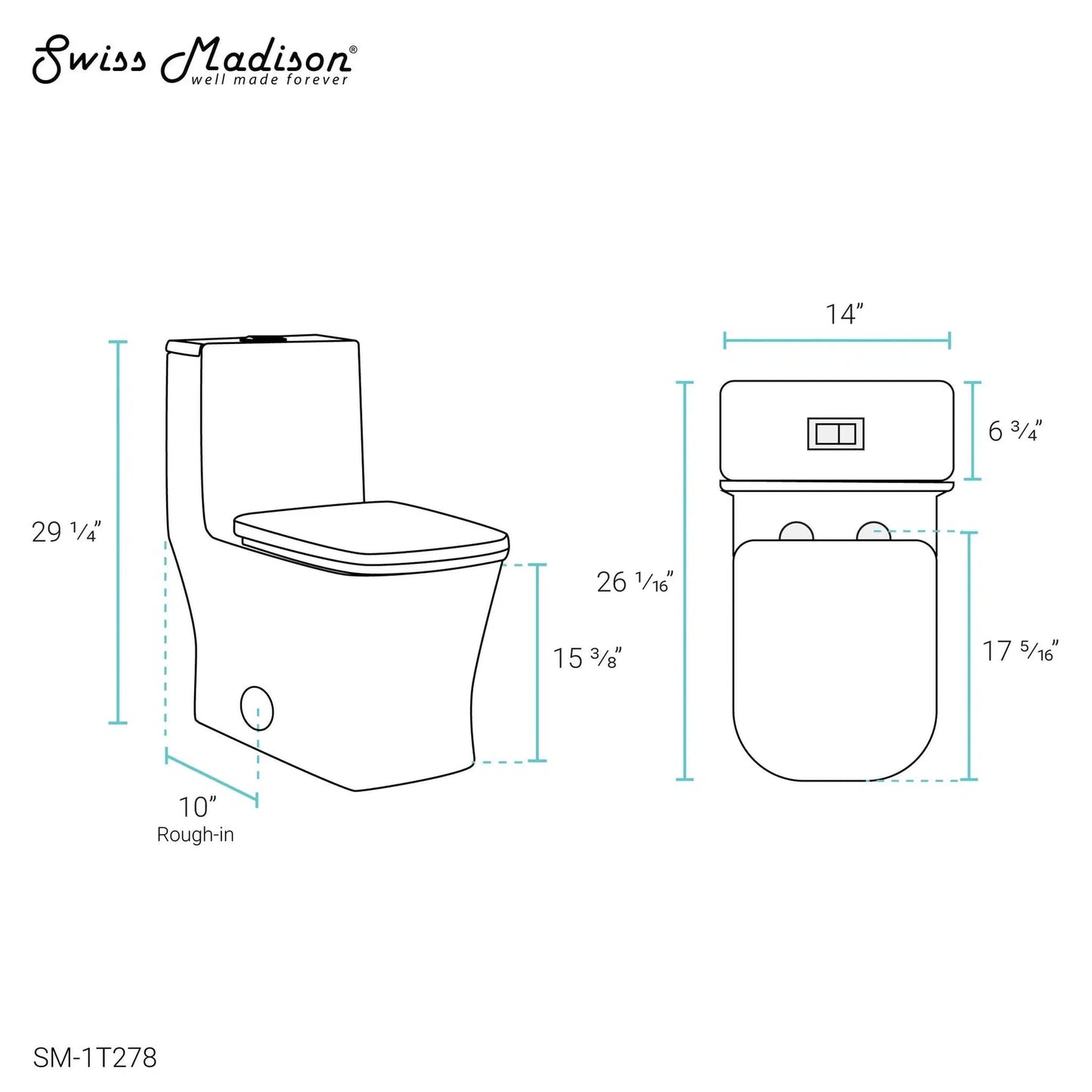 Swiss Madison Concorde 14" x 29" White One-Piece Square Elongated Floor Mounted Toilet With 10" Rough-In Size and 1.1/1.6 GPF Dual Flush Function