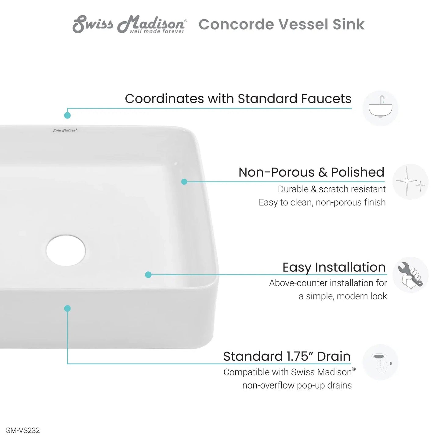 Swiss Madison Concorde 16" x 16" White Square Ceramic Bathroom Vessel Sink