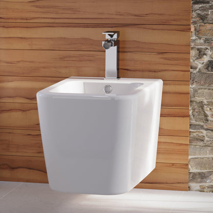 Swiss Madison Concorde 22" x 14" Glossy White Square Wall-Hung Bidet With Single Faucet Hole and Chrome Overflow Cover