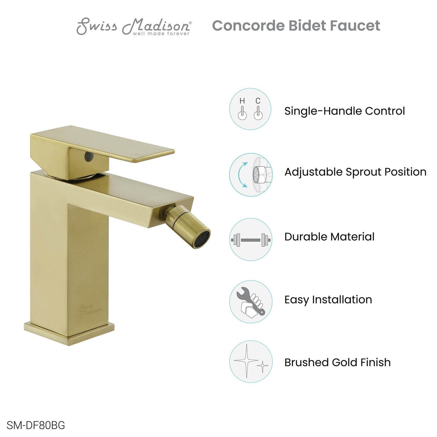 Swiss Madison Concorde 6" Brushed Gold Single Hole Fixture Mounted Bidet Faucet With Flow Rate of 1.28 GPM