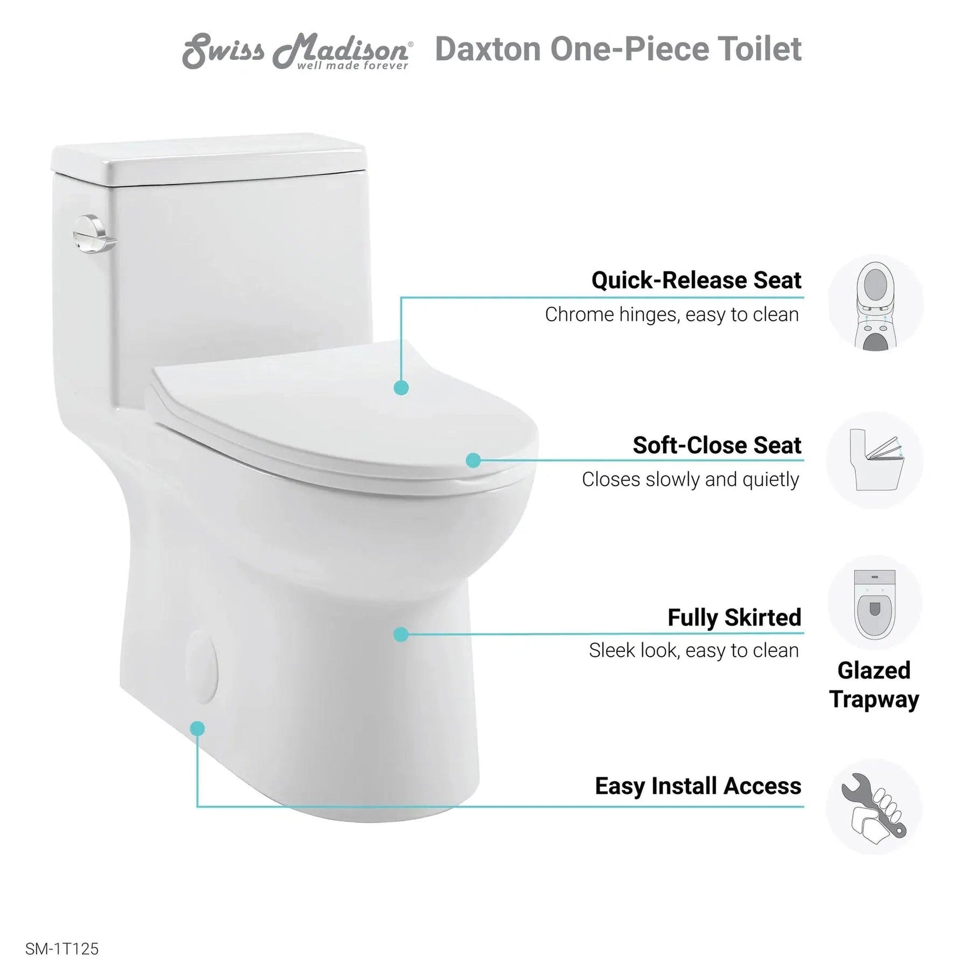 Swiss Madison Daxton 15" x 28" Glossy White One-Piece Elongated Floor Mounted Toilet With 1.28 GPF Vortex Side Flush Function