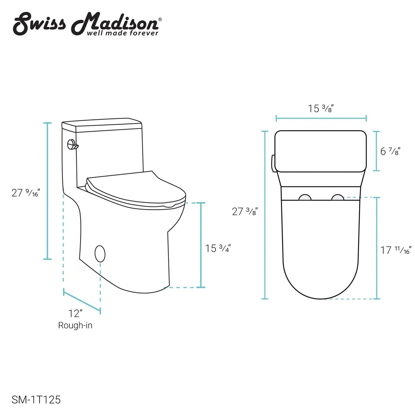 Swiss Madison Daxton 15" x 28" Glossy White One-Piece Elongated Floor Mounted Toilet With 1.28 GPF Vortex Side Flush Function