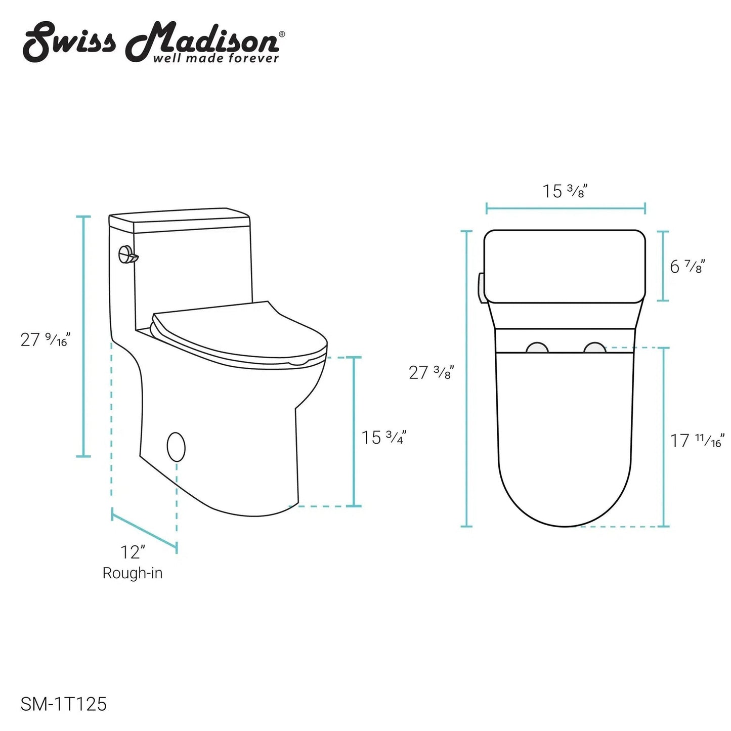Swiss Madison Daxton 15" x 28" Glossy White One-Piece Elongated Floor Mounted Toilet With 1.28 GPF Vortex™ Side Flush Function