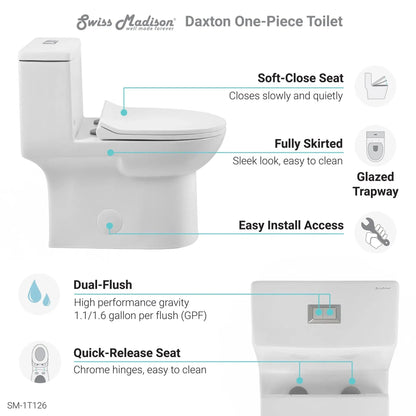 Swiss Madison Daxton 15" x 28" White One-Piece Elongated Floor Mounted Toilet With 1.1/1.6 GPF Dual-Flush Function