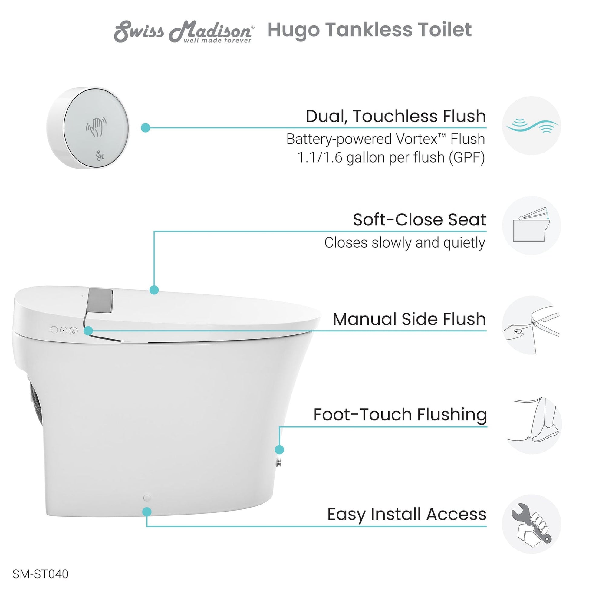 Swiss Madison Hugo 16" x 19" White One-Piece Tankless Elongated Floor Mounted Toilet With 1.1/1.6 GPF Vortex Touchless Dual Flush Function and Wall Sensor