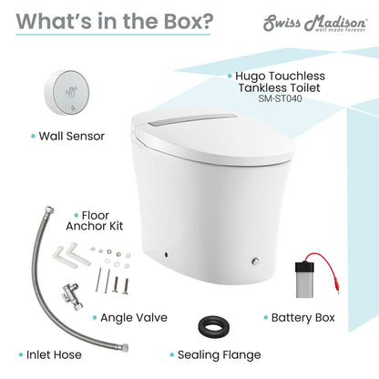 Swiss Madison Hugo 16" x 19" White One-Piece Tankless Elongated Floor Mounted Toilet With 1.1/1.6 GPF Vortex Touchless Dual Flush Function and Wall Sensor