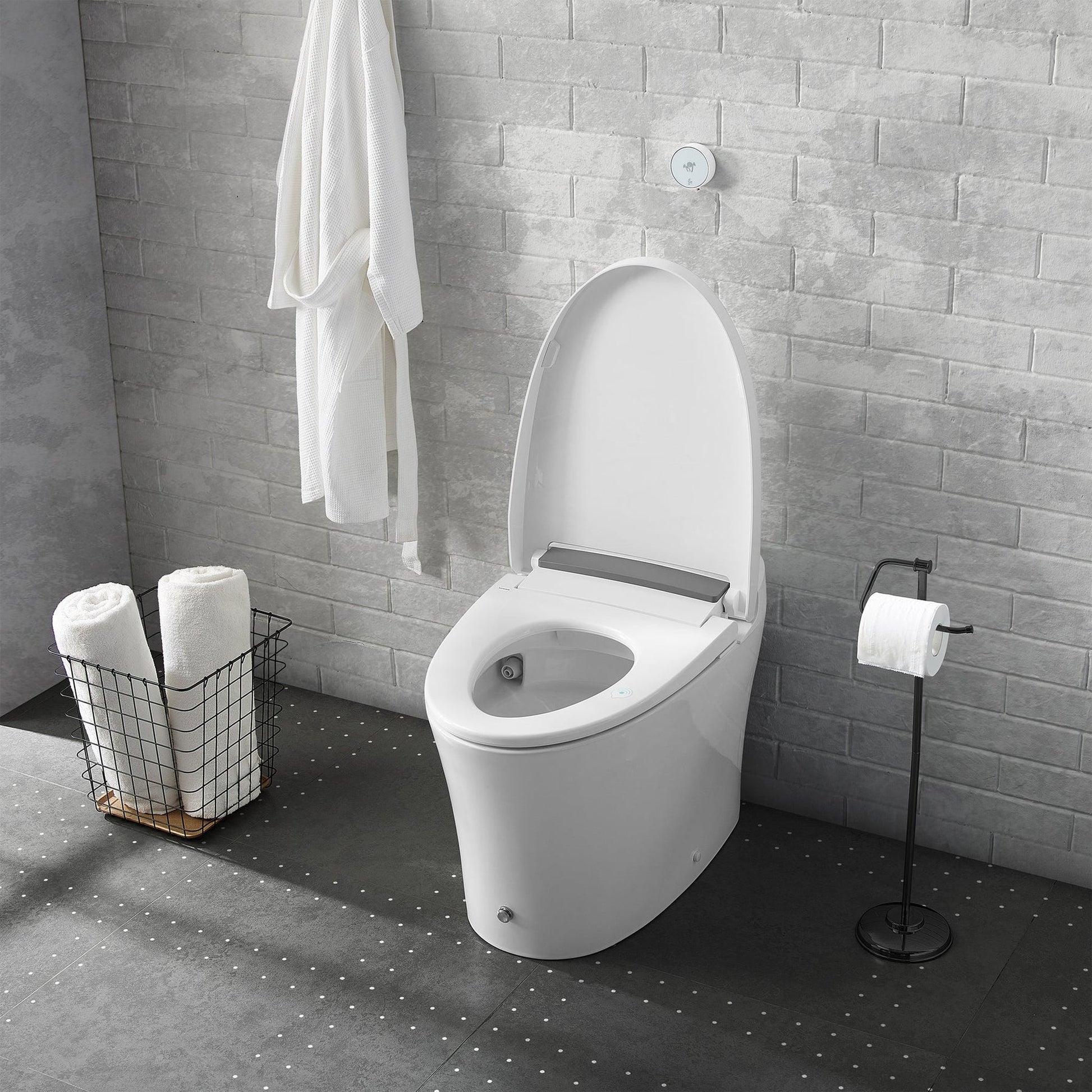 Swiss Madison Hugo 16" x 19" White One-Piece Tankless Elongated Floor Mounted Toilet With 1.1/1.6 GPF Vortex Touchless Dual Flush Function and Wall Sensor