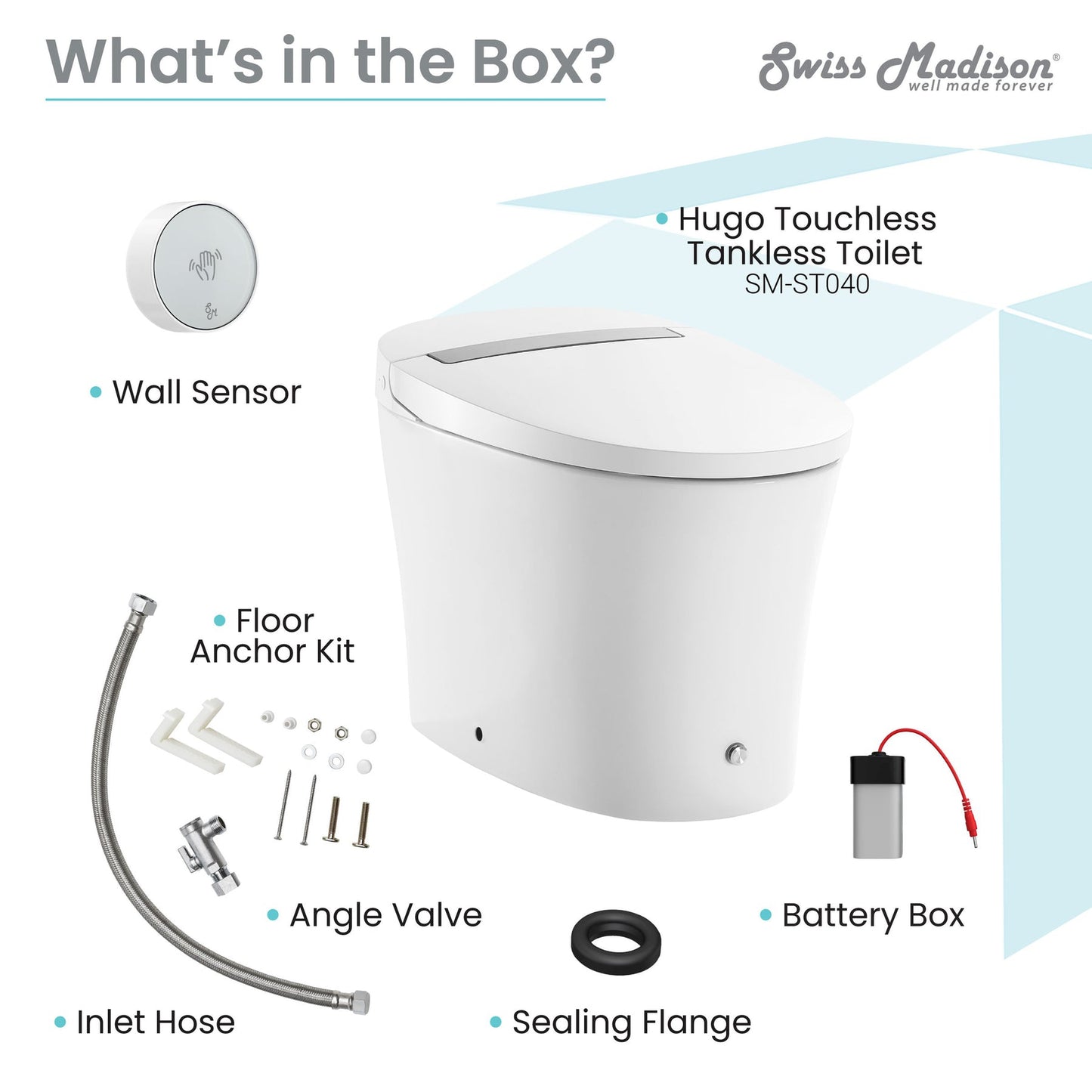 Swiss Madison Hugo 16" x 19" White One-Piece Tankless Elongated Floor Mounted Toilet With 1.1/1.6 GPF Vortex™ Touchless Dual Flush Function and Wall Sensor