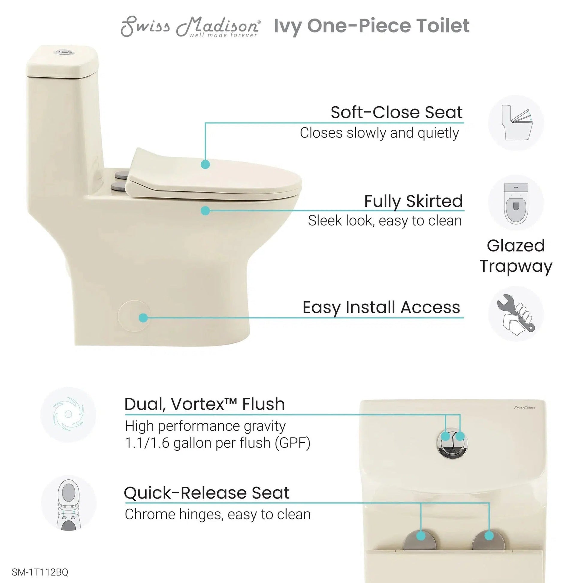 Swiss Madison Ivy 14" x 28" Bisque One-Piece Elongated Floor Mounted Toilet With 12" Rough-In Size and 1.1/1.6 GPF Vortex Dual-Flush Function