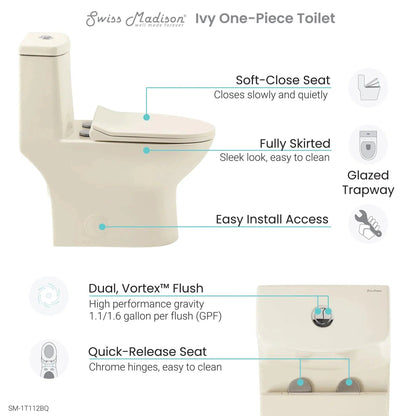 Swiss Madison Ivy 14" x 28" Bisque One-Piece Elongated Floor Mounted Toilet With 12" Rough-In Size and 1.1/1.6 GPF Vortex Dual-Flush Function