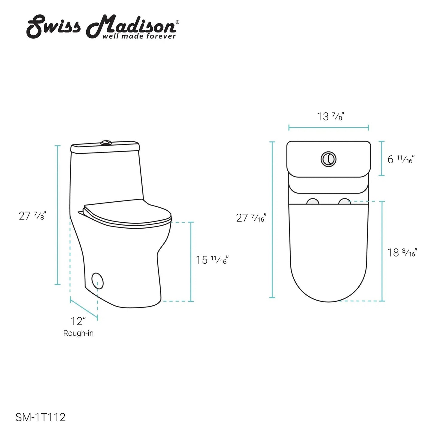 Swiss Madison Ivy 14" x 28" Glossy White One-Piece Elongated Floor Mounted Toilet With 12" Rough-In Size and 1.1/1.6 GPF Vortex Dual-Flush Function