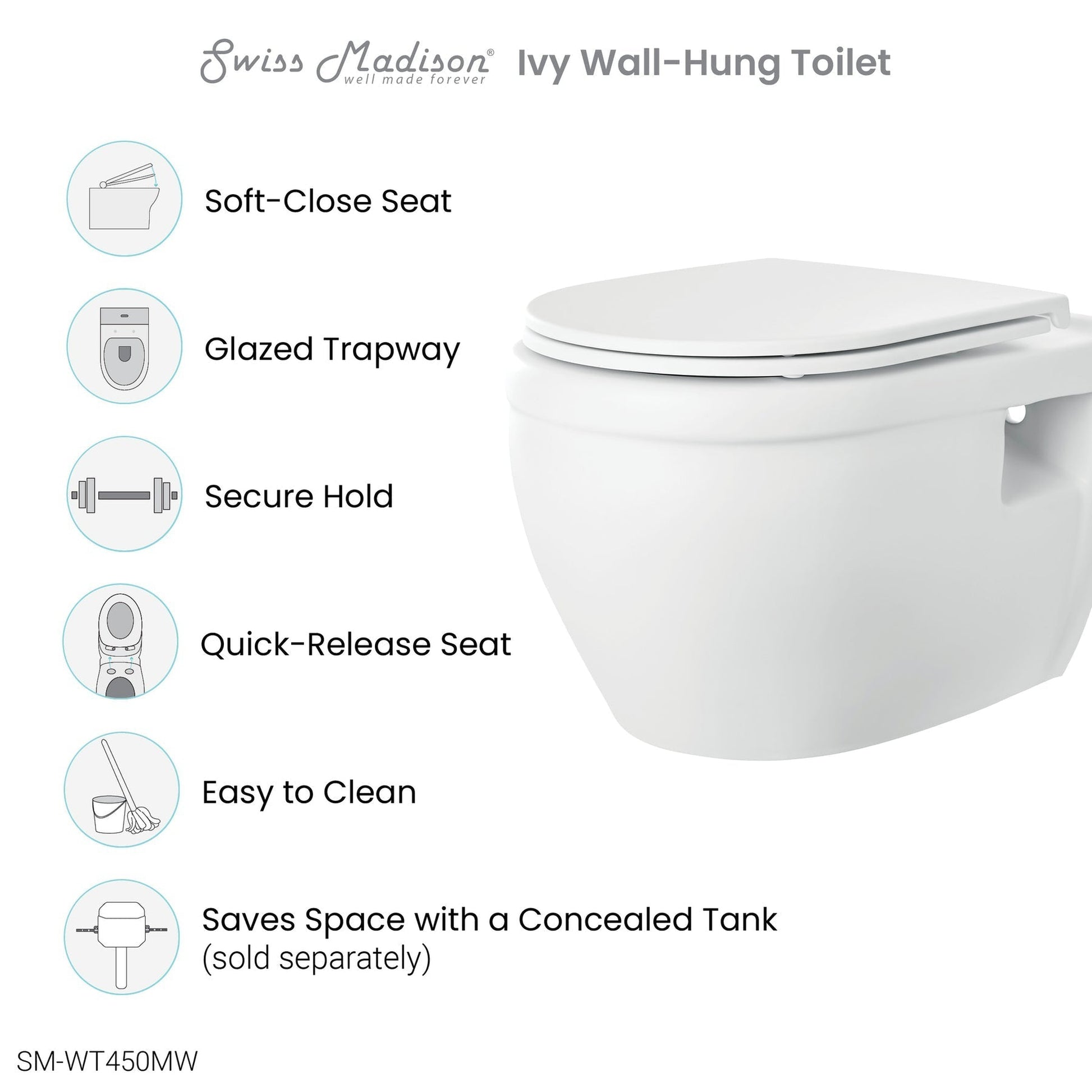 Swiss Madison Ivy 15" x 13" Matte White Elongated Wall-Hung Toilet Bowl