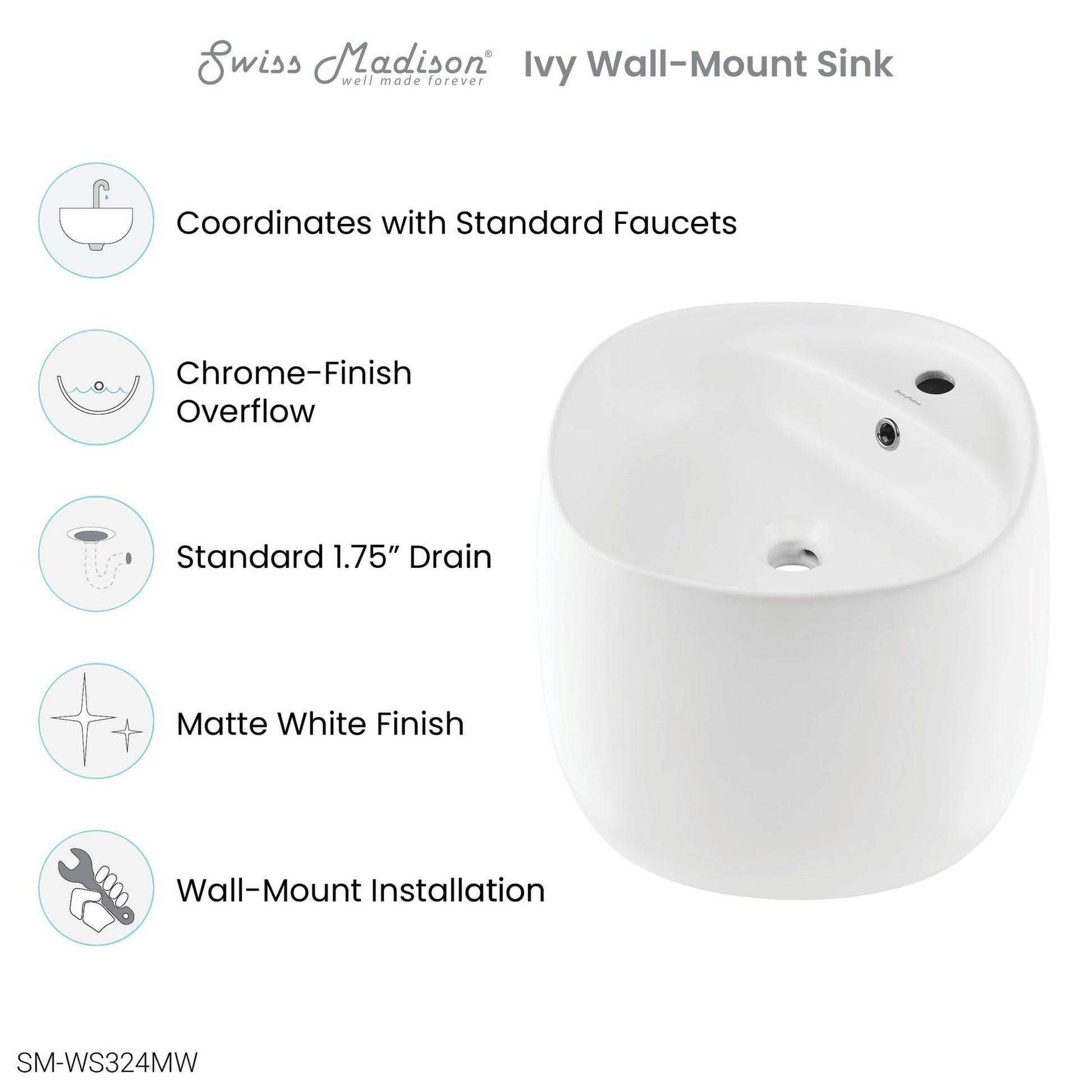 Swiss Madison Ivy 18" x 19" Square Matte White Ceramic Wall-Hung Bathroom Sink With Right Side Single Hole Faucet