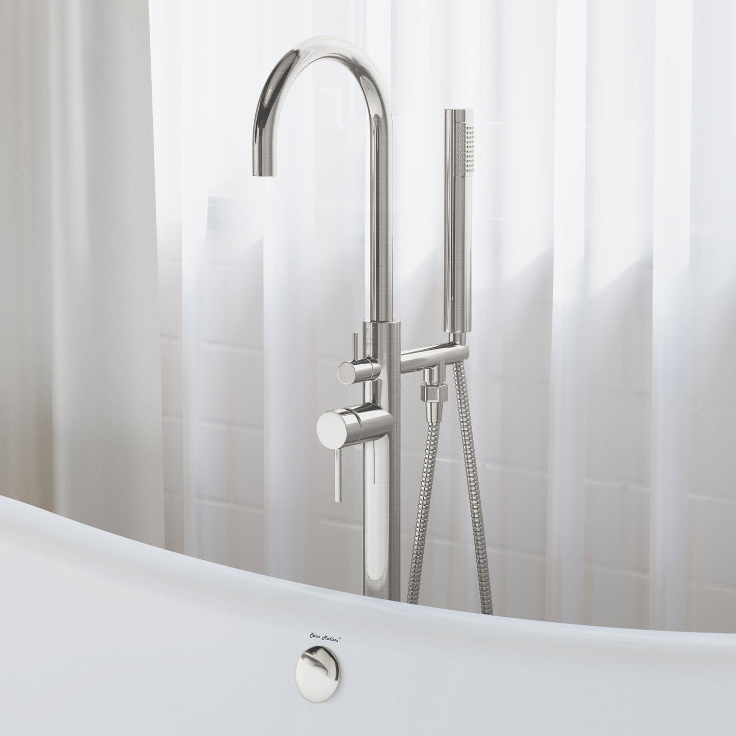 Swiss Madison Ivy 43" Brushed Nickel Single Hole Floor Mounted Bathtub Faucet With Hand Shower, Tub Spout and Handle