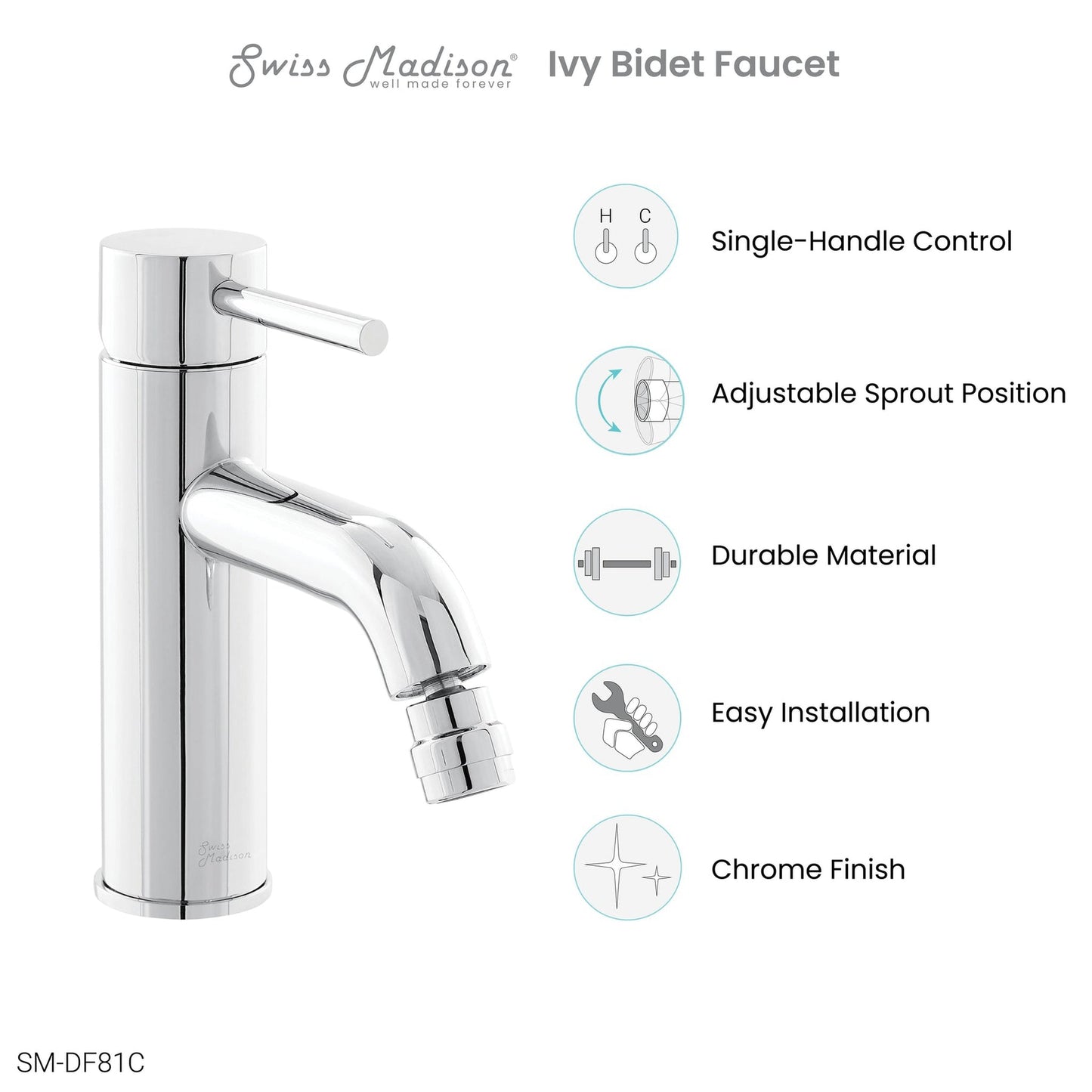 Swiss Madison Ivy 7" Chrome Single Hole Fixture Mounted Bidet Faucet With Flow Rate of 1.28 GPM