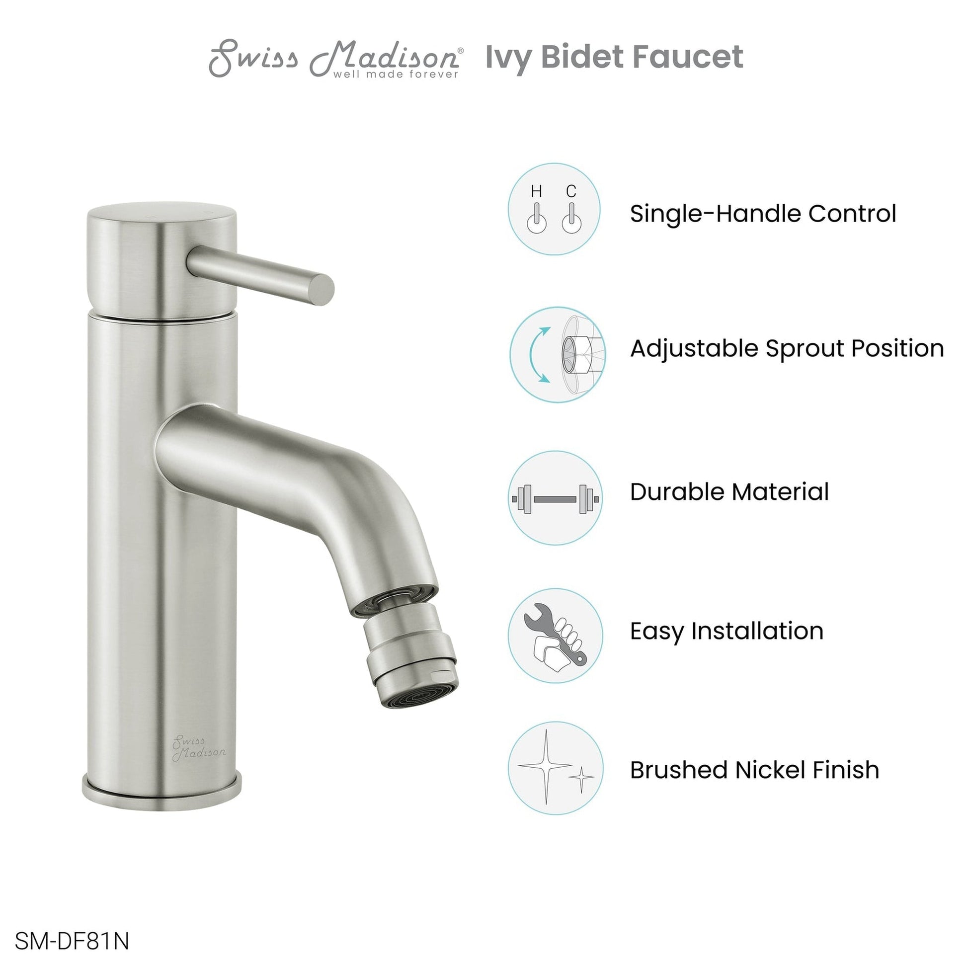 Swiss Madison Ivy 7" Nickel Single Hole Fixture Mounted Bidet Faucet With Flow Rate of 1.28 GPM