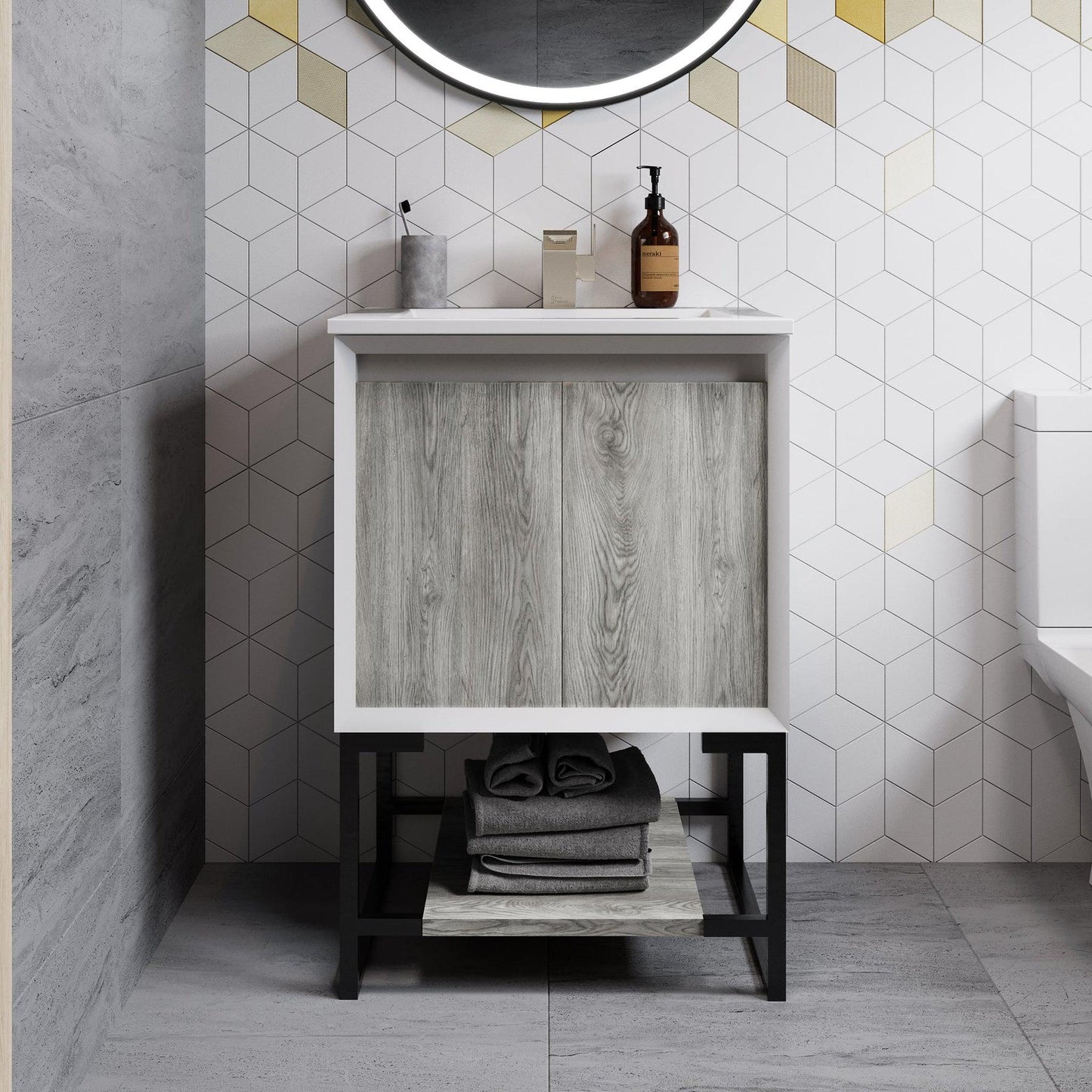 Swiss Madison Marseille 24" x 35" Freestanding Gray Oak Bathroom Vanity With Ceramic Single Sink and Stainless Steel Metal Legs