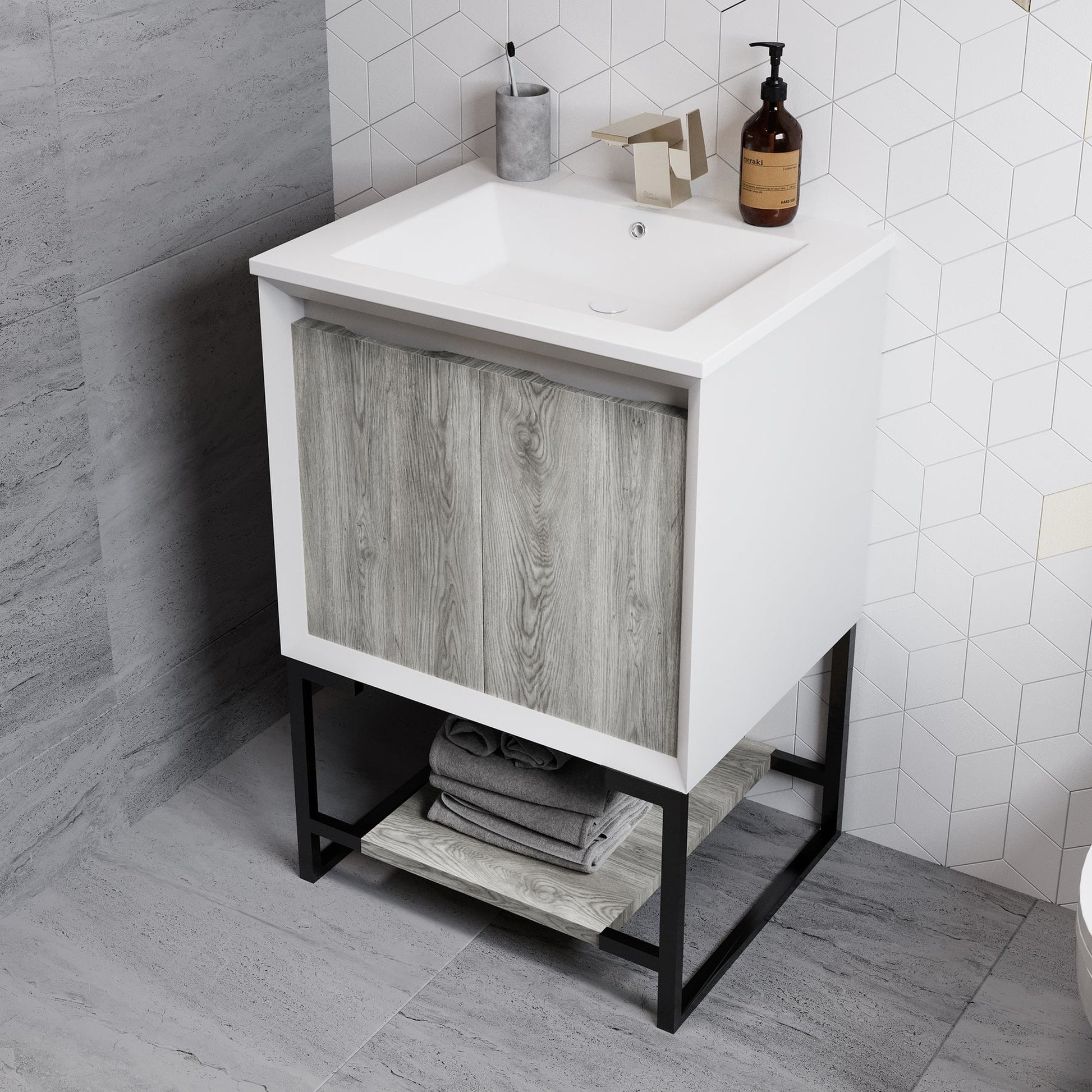 Swiss Madison Marseille 24" x 35" Freestanding Gray Oak Bathroom Vanity With Ceramic Single Sink and Stainless Steel Metal Legs