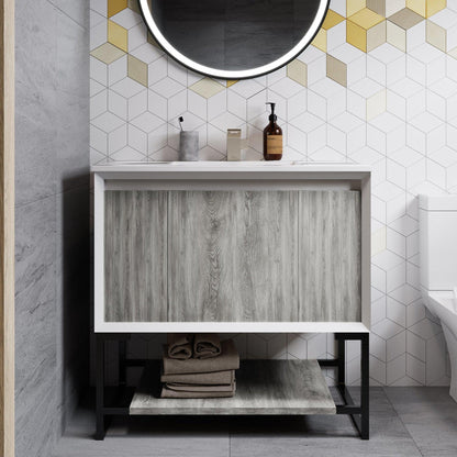 Swiss Madison Marseille 36" x 35" Freestanding Gray Oak Bathroom Vanity With Ceramic Single Sink and Stainless Steel Metal Legs
