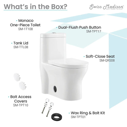 Swiss Madison Monaco 15" x 30" White One-Piece Elongated Floor Mounted Toilet With 1.1/1.6 GPF Dual-Flush Function