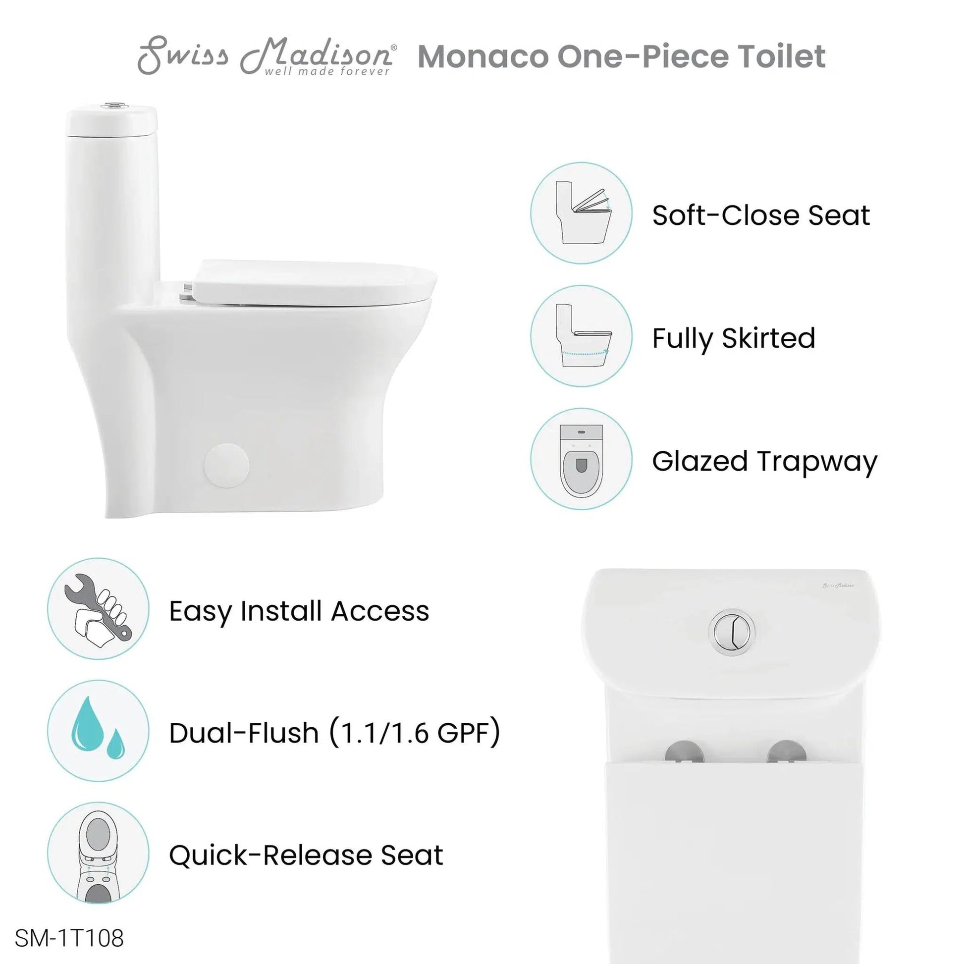 Swiss Madison Monaco 15" x 30" White One-Piece Elongated Floor Mounted Toilet With 1.1/1.6 GPF Dual-Flush Function