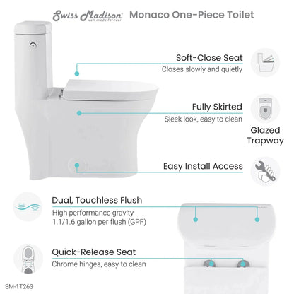 Swiss Madison Monaco 15" x 30" White One-Piece Elongated Floor Mounted Toilet With 1.1/1.6 GPF Touchless Dual-Flush Function