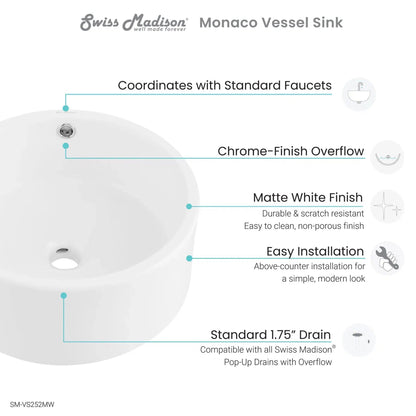 Swiss Madison Monaco 17" x 17" Matte White Round Ceramic Bathroom Vessel Sink