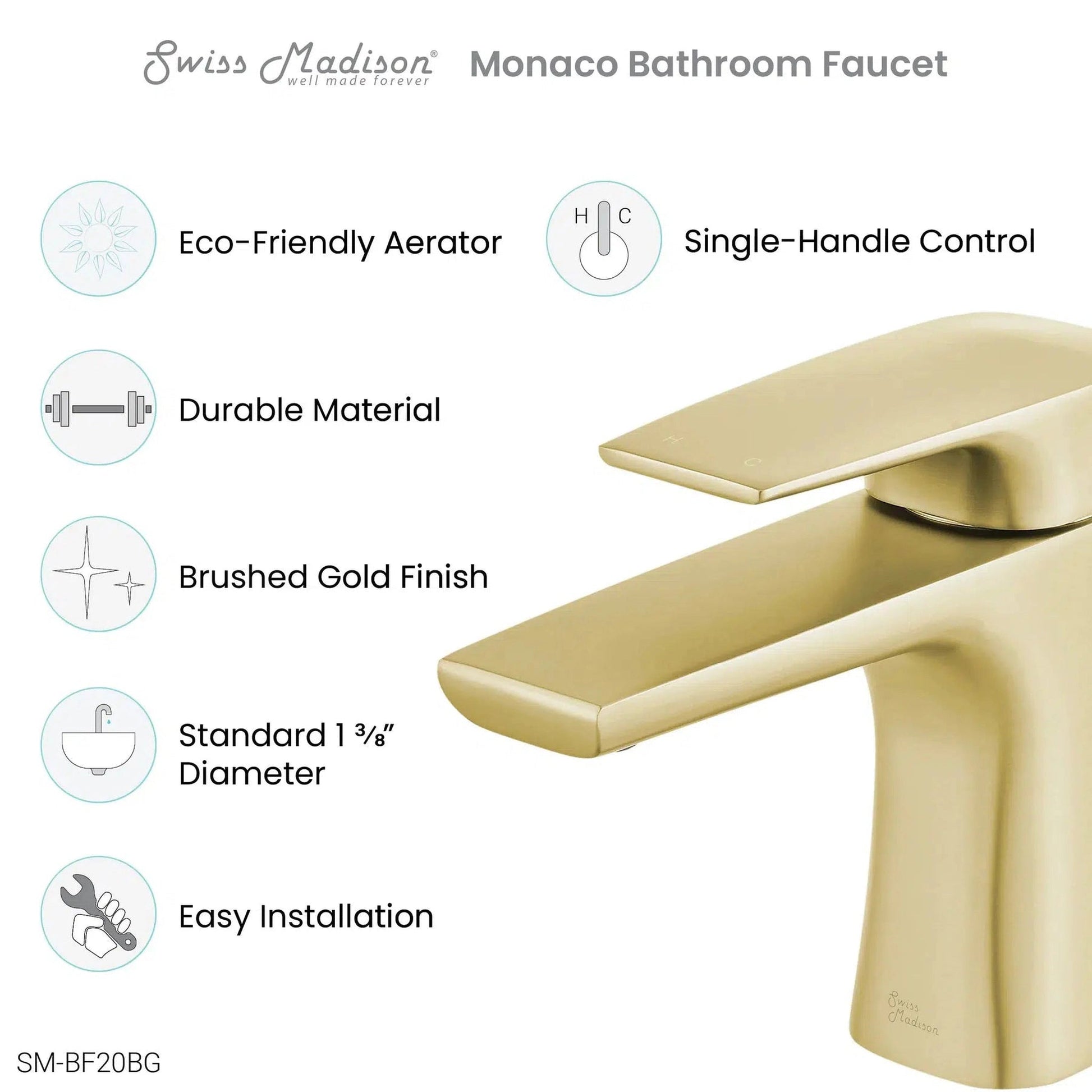Swiss Madison Monaco 6" Brushed Gold Single Hole Bathroom Faucet With Flow Rate of 1.2 GPM