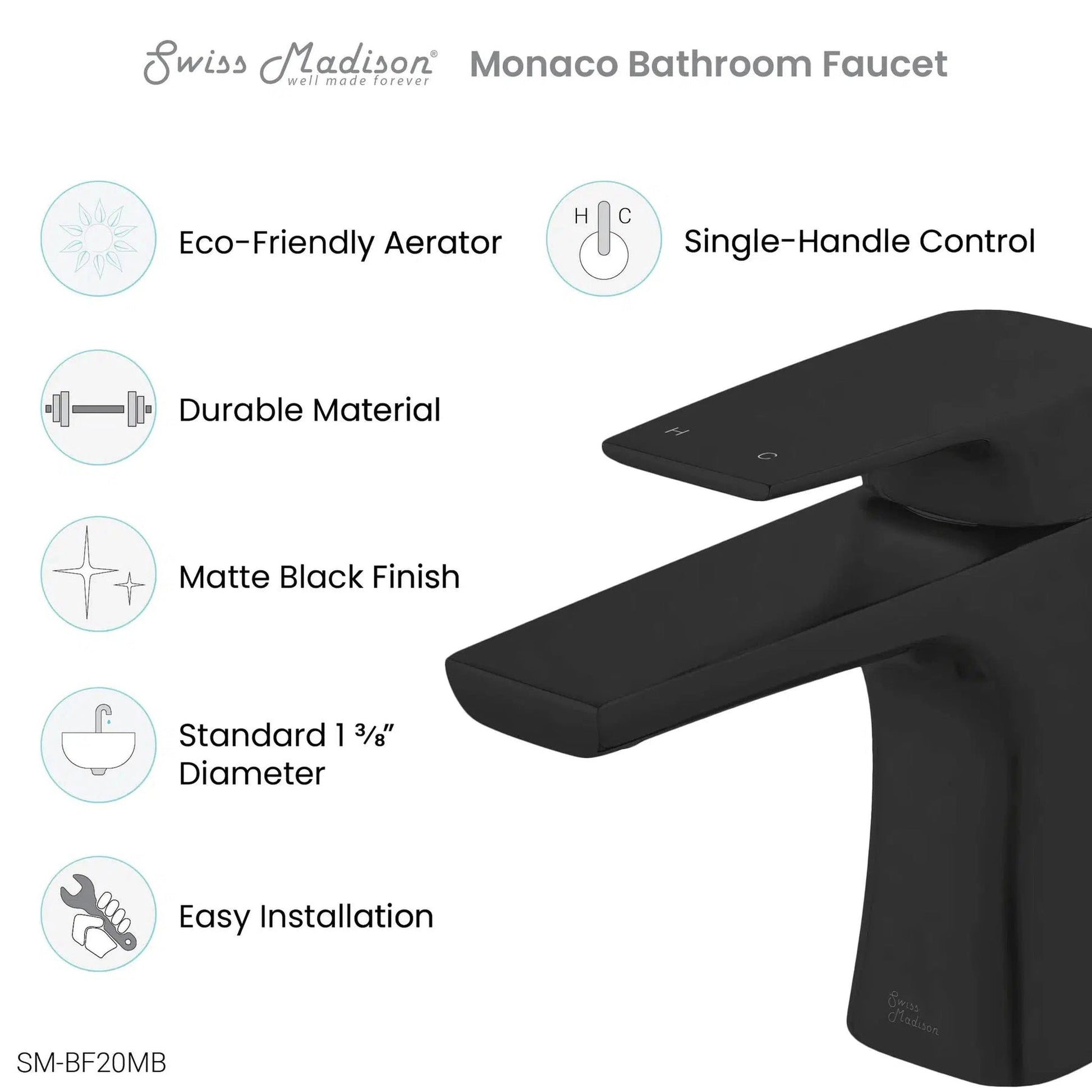 Swiss Madison Monaco 6" Matte Black Single Hole Bathroom Faucet With Flow Rate of 1.2 GPM