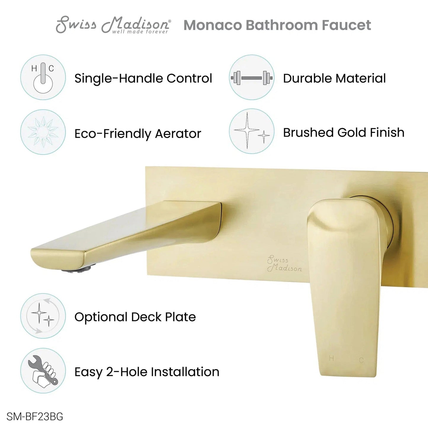 Swiss Madison Monaco 8" Brushed Gold Two Hole Wall-Mounted Bathroom Faucet With Single Lever Handle and 1.2 GPM Flow Rate