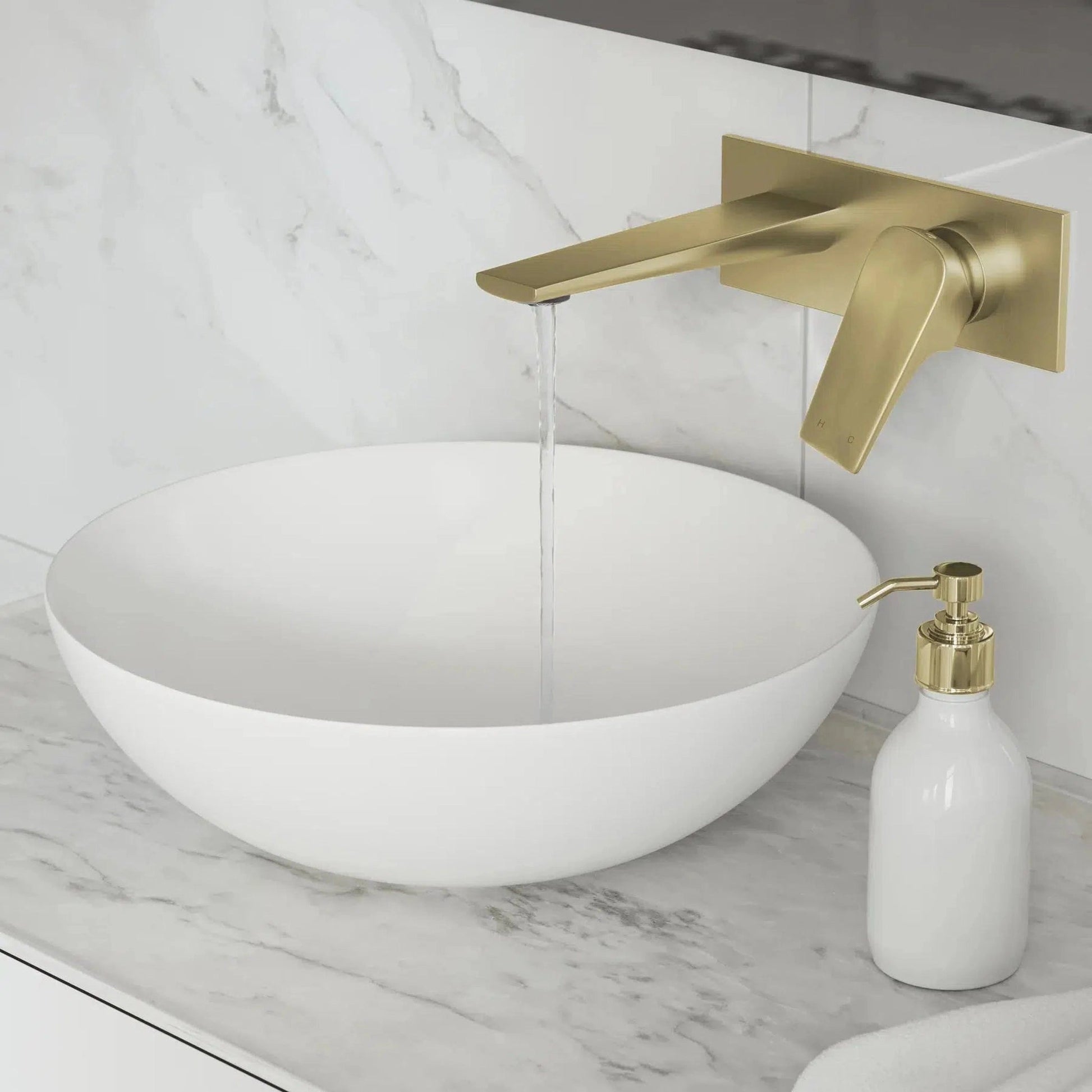 Swiss Madison Monaco 8" Brushed Gold Two Hole Wall-Mounted Bathroom Faucet With Single Lever Handle and 1.2 GPM Flow Rate