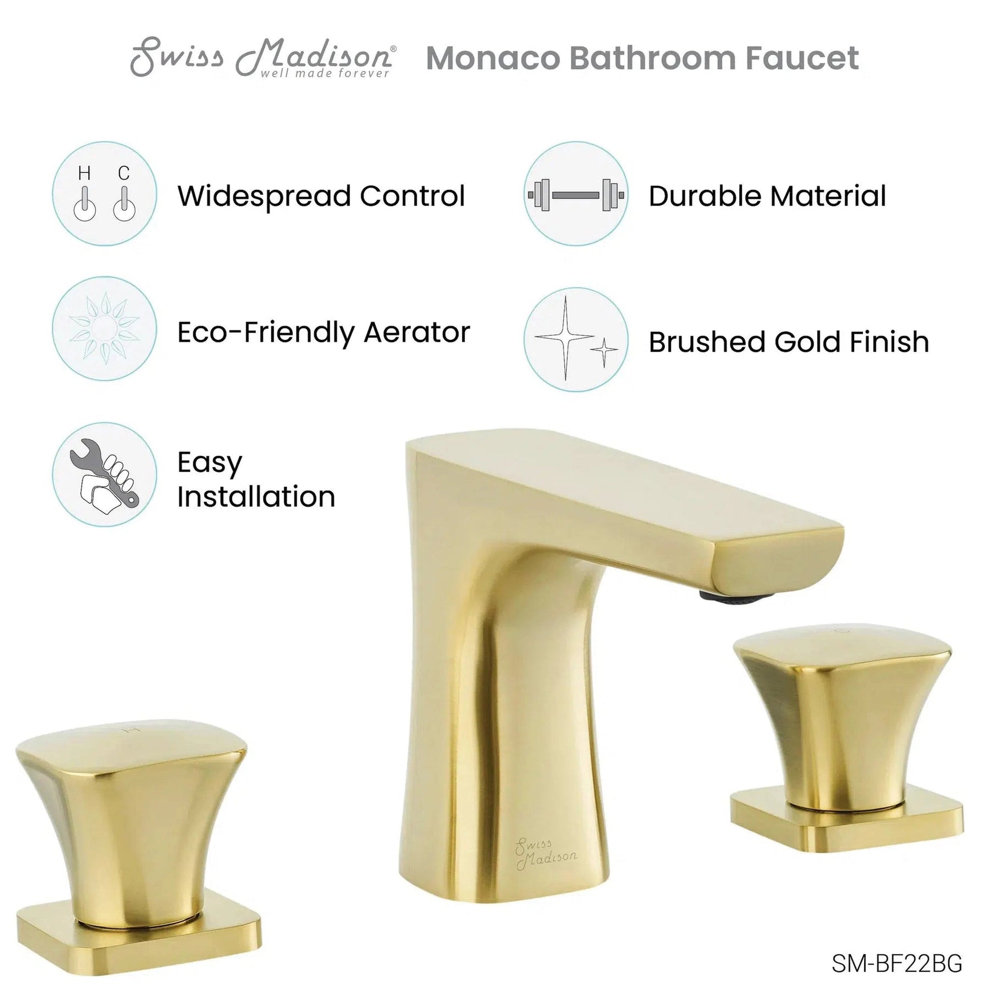 Swiss Madison Monaco 8" Brushed Gold Widespread Bathroom Faucet With Knob Handles and 1.2 GPM Flow Rate