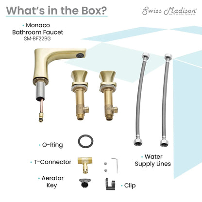 Swiss Madison Monaco 8" Brushed Gold Widespread Bathroom Faucet With Knob Handles and 1.2 GPM Flow Rate