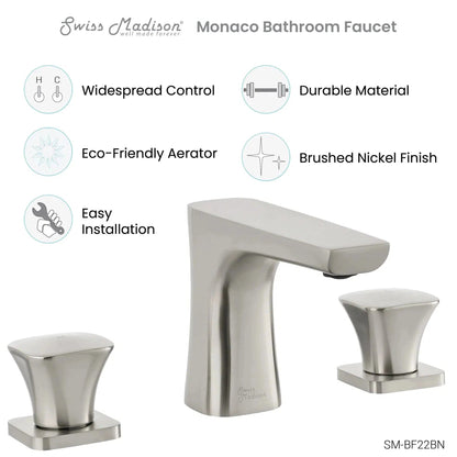 Swiss Madison Monaco 8" Brushed Nickel Widespread Bathroom Faucet With Knob Handles and 1.2 GPM Flow Rate
