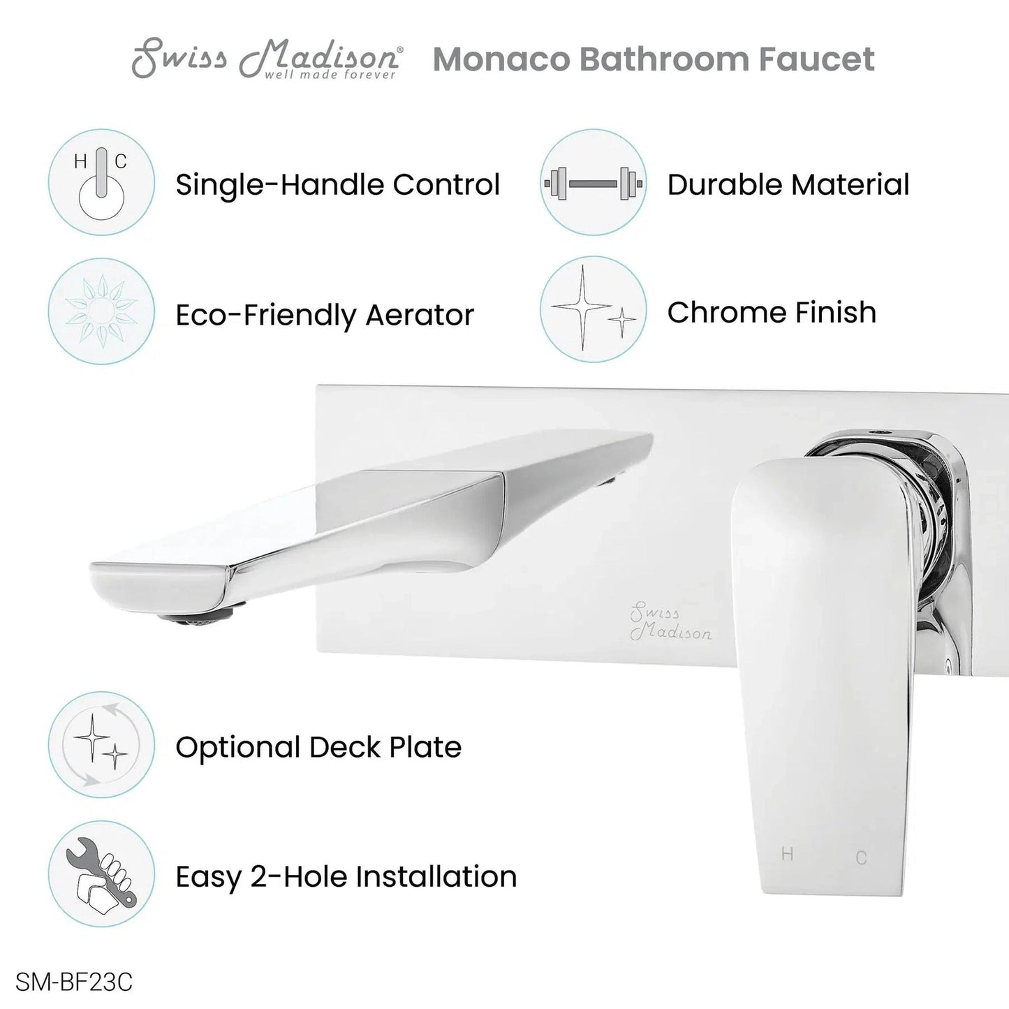 Swiss Madison Monaco 8" Chrome Two Hole Wall-Mounted Bathroom Faucet With Single Lever Handle and 1.2 GPM Flow Rate