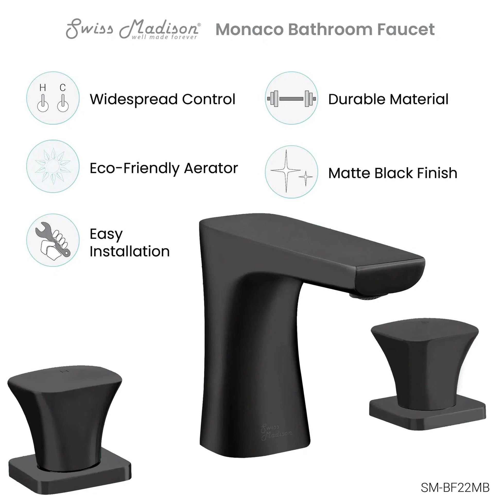 Swiss Madison Monaco 8" Matte Black Widespread Bathroom Faucet With Knob Handles and 1.2 GPM Flow Rate